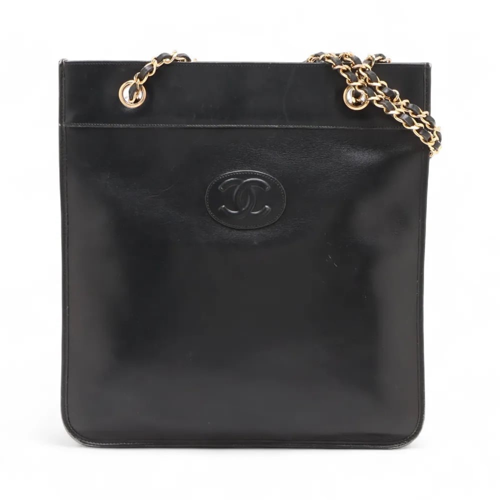Authentic CHANEL vintage flat black lambskin mini tote